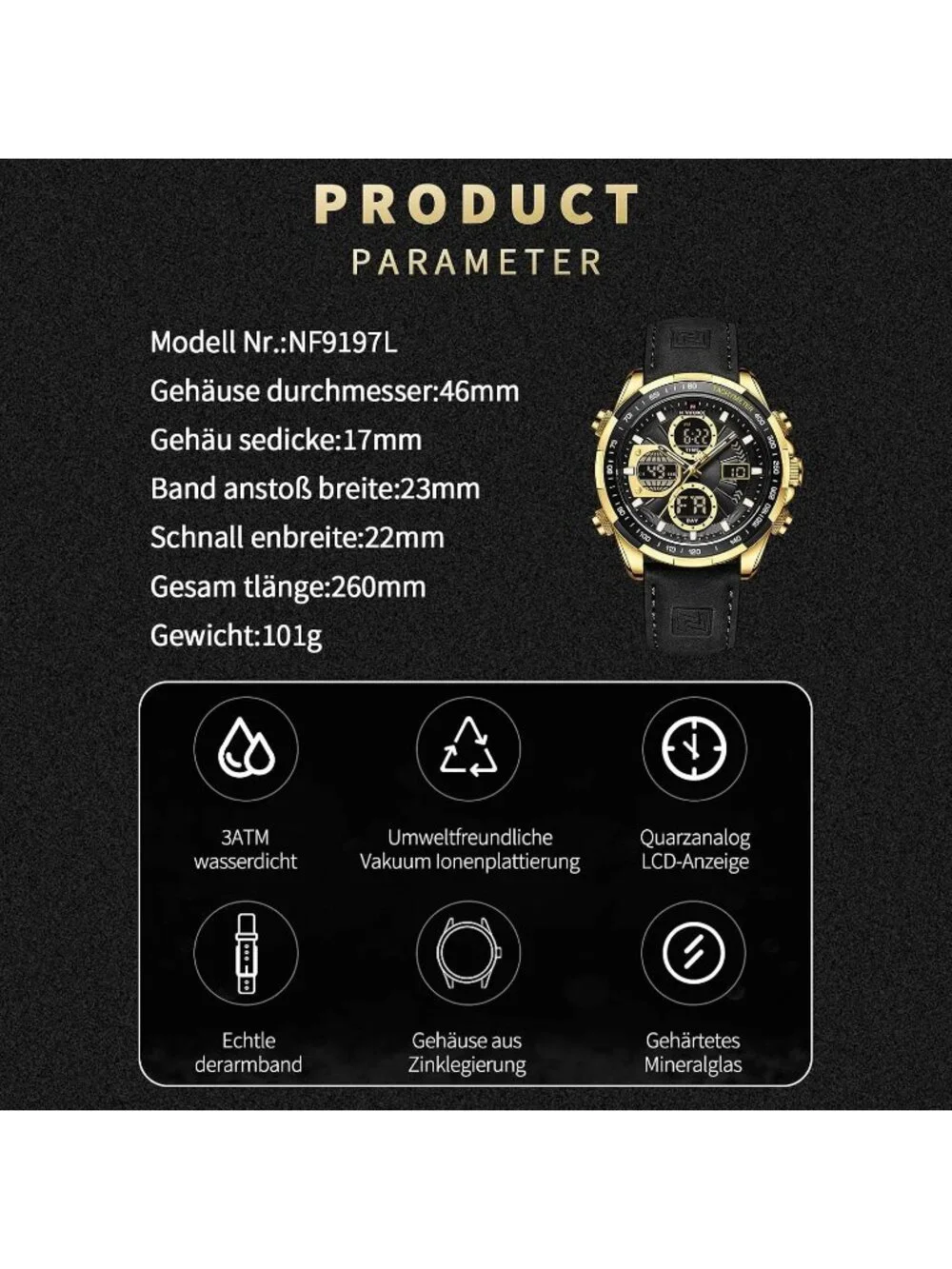 Men's Gold Black Military Digital Analog Quartz Waterproof Leather Wrist Watch